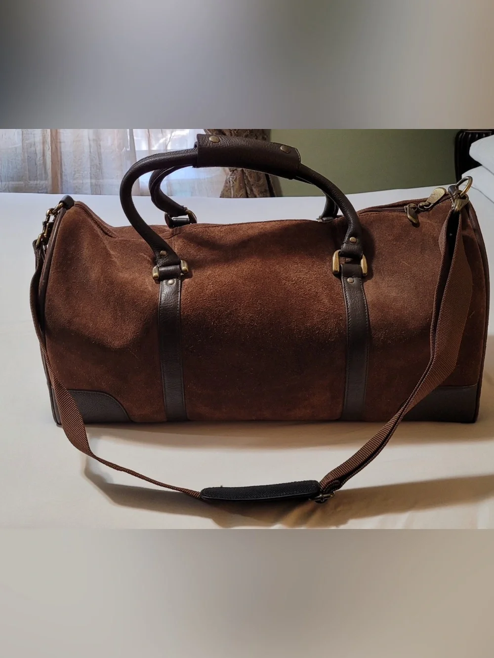 Brown Suede Men's Weekender Duffel Bag with Dark Leather Trim